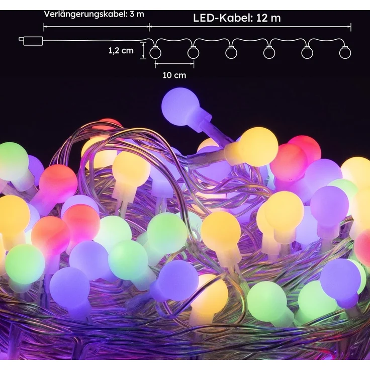 LEDYA Kugel Lichterkette Bunt, 12M 120 LEDs Partylichterkette mit Stecker für Innen und Außen, 8 Leuchtmodi mit Timer und Memory-Funktion, ideal für Weihnachten, Hochzeit, Garten, Balkon, Party Deko – Bild 7