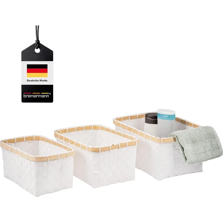 bremermann Aufbewahrungskorb Aufbewahrungskörbe 3er Set, Bambus/PP Streifen, weiß