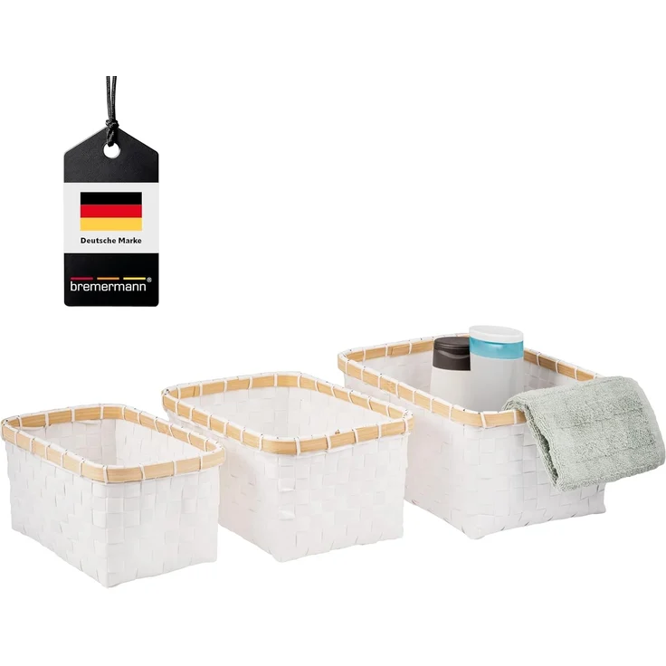 bremermann Aufbewahrungskorb Aufbewahrungskörbe 3er Set, Bambus/PP Streifen, weiß