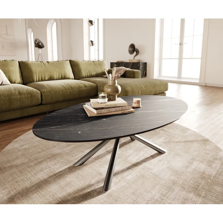 Couchtisch Edge Oval 140x80 cm Keramik Laminam® Noir Desir Braun Sarity Edelstahl gebürstet