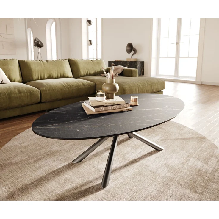 Couchtisch Edge Oval 140x80 cm Keramik Laminam® Noir Desir Braun Sarity Edelstahl gebürstet – Bild 1