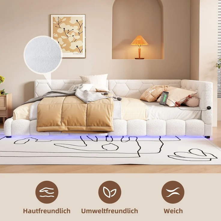 CHICFURN Daybett aus Vliesimitat, Weiß, 140x200 cm, mit LED-Umgebungslicht, USB- und Type-C-Anschluss – Bild 6