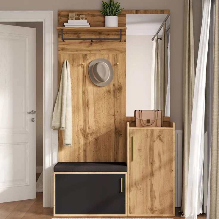 Kompakter Kleiderschrank mit Spiegel und Sitzbank, Flurschrank mit Schuhregal und Haken, kompakter Kleiderschrank, Flurmöbelset(Not a one-piece product, holes need to be drilled in the wall.) – Bild 2