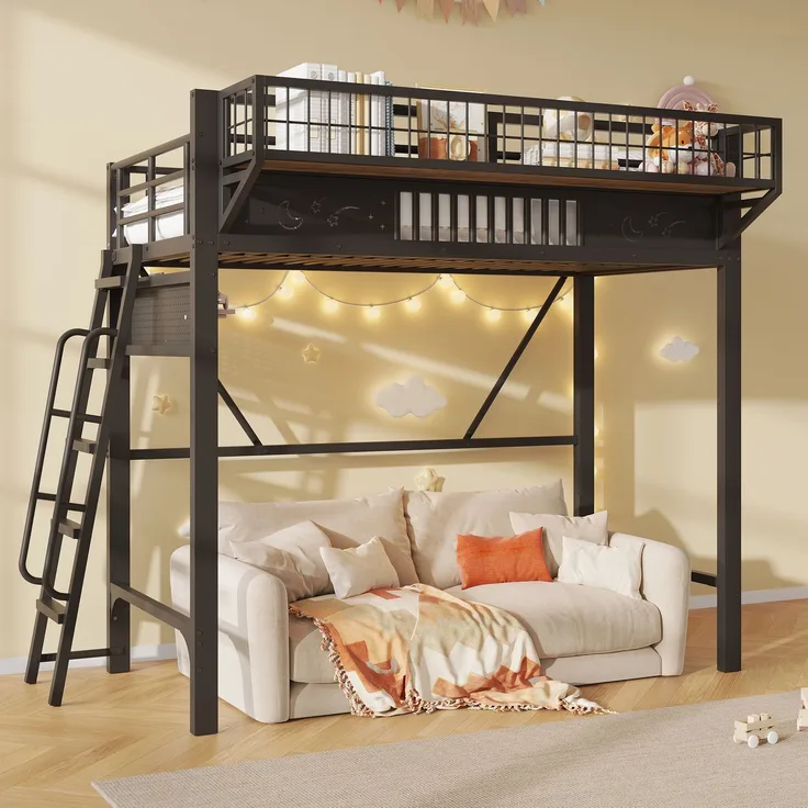 Hochbett 90x200 cm aus Metall mit Staufächern und offener Unterebene – Ohne Matratze