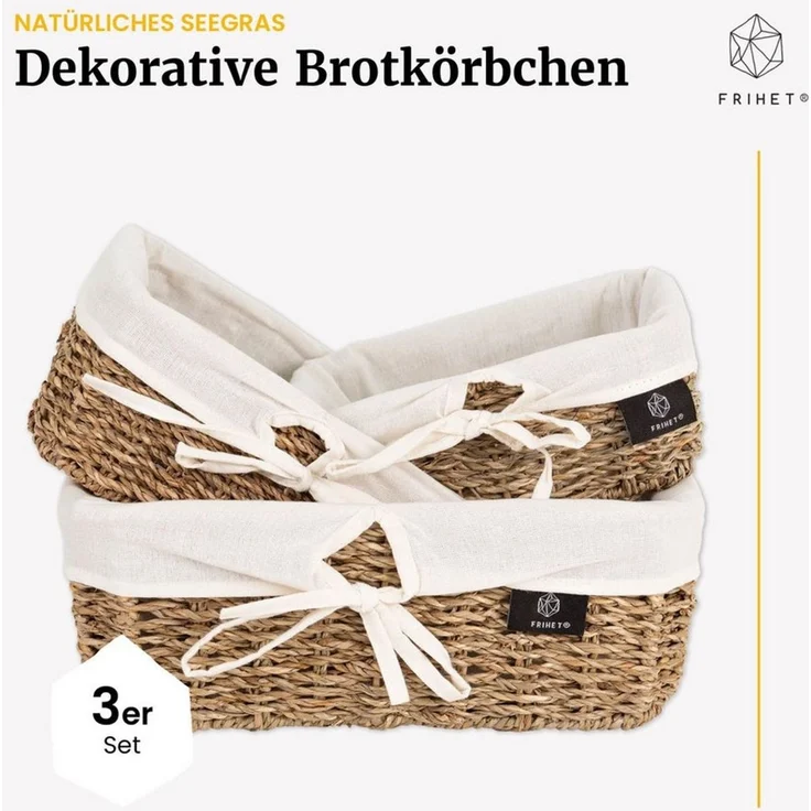 Lycce Dekokorb Eckiger Brotkorb aus Seegras mit Leinentuch (3 St) – Bild 4