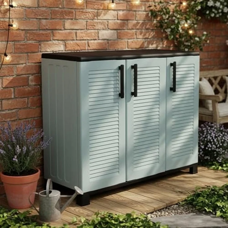 Dmora - Outdoor-Garderobe aus Fell, Mehrzweck-Balkongarderobe, 3-türiger Outdoor-Schrank, 100% Made in Italy, 102 x 37 x 90 cm, Hellgrau und Schwarz, gestreifte Oberfläche – Bild 1