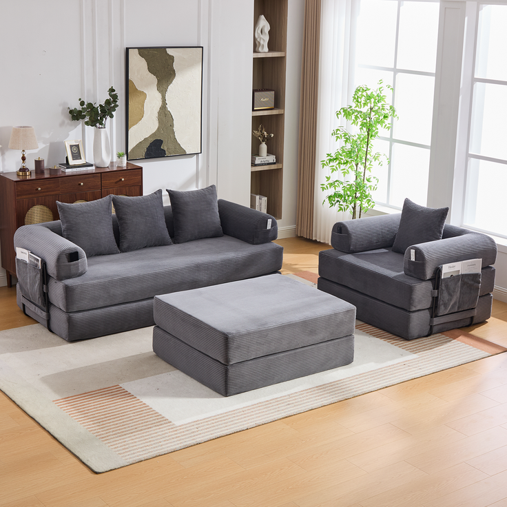 Cord-Sofagarnitur aus 3-Sitzer-Sofa, Sessel und klappbarem Hocker, Metallrahmen, Seitentasche und Kissen für flexible Lounge-Anordnungen, Dunkelgrau