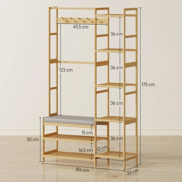 Garderobenständer 104x33x175 cm aus Bambus, mit Sitzbank, Schuhschrank und 10 Haken – Bild 3