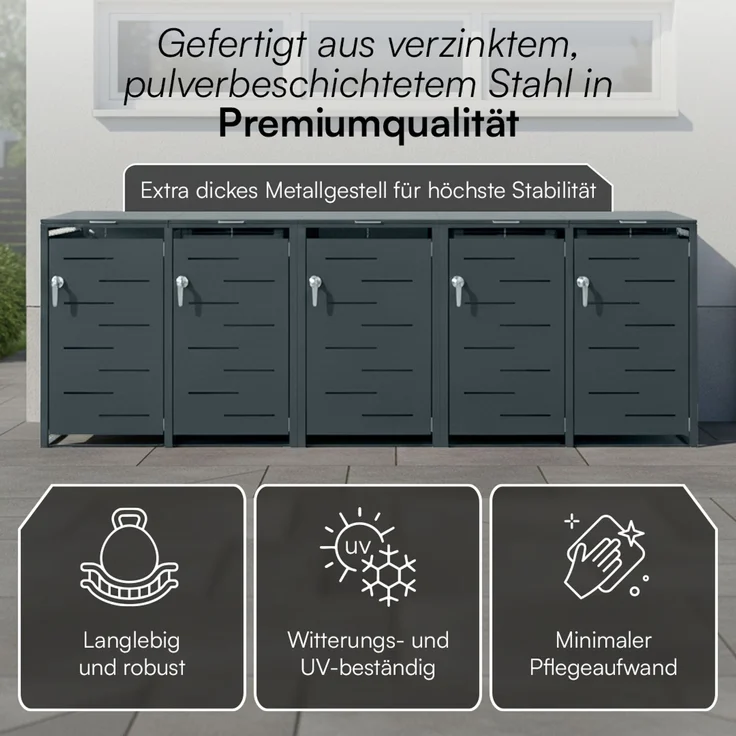 STEELSØN 'Diorus' Mülltonnenbox 5er je 240 Liter, anthrazit, Mülltonnenverkleidung aus Stahl mit Sichtstreifen, wetterfest, 116x80x337 cm, abschließbare Müllbox für 5 Tonnen – Bild 5
