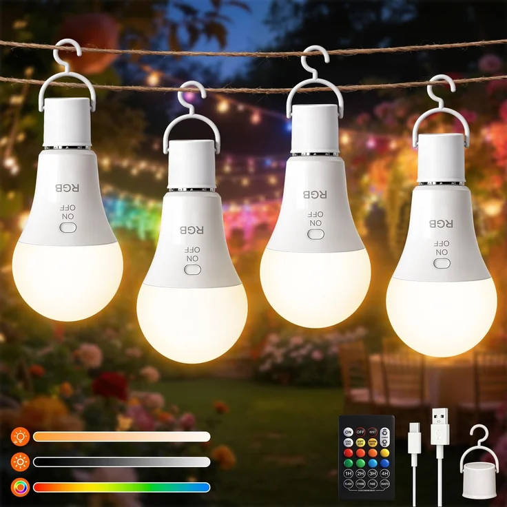 Ketom 4 Stück RGB Glühbirne mit Fernbedienung, USB Aufladbare Glühbirne E27 | Wiederaufladbare Glühbirne mit Timerfunktion, 3 Farben&Dimmbar, Tastensteuerung, 7W Akku Glühbirne, Lampenbirne Notlicht