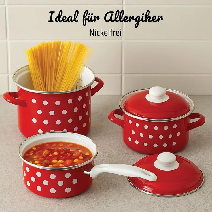 GSW Topf-Set, Stahl-Emaille (Set, 7-tlg, je 1 Kochtopf Ø 16/20/24 cm, 1x Stielkasserolle Ø 16 cm), Induktion – Bild 6