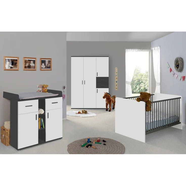 BMG Möbel Babyzimmer-Komplettset Kinderzimmer Set Elli, (Spar-Set, Kleiderschrank, Wickelkommode, Babybett), inkl. Schlupfsprossen, Farbe Weiß Anthrazit, Made in Germany – Bild 1