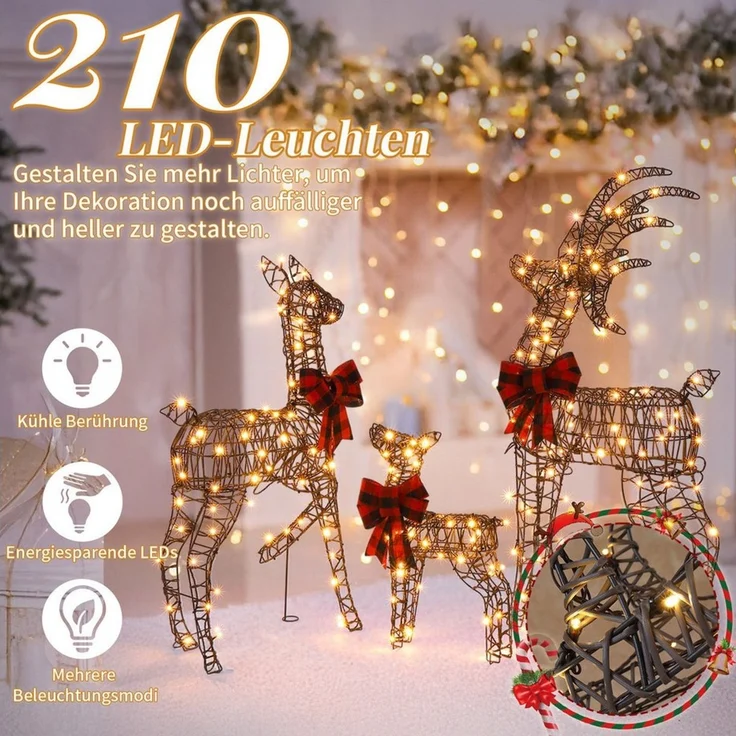 LALAHO Weihnachtsfigur 3-teiliges LED Rentier Familie Weihnachtsbeleuchtung, mit 210 LEDs, Rentier Weihnachten Deko für Außen und Innen – Bild 4