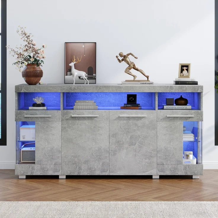 Beistelltisch Sideboard 140x40x70 cm, zementgrau mit LED-Beleuchtung & Glasfronten – Bild 3