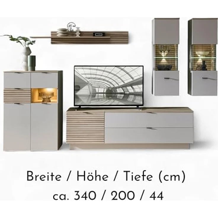Stella Trading INA Wohnwand Komplett-Set in Kaschmir, Riva Eiche Optik FSC-Zertifiziert - Moderne Schrankwand 6-teilig mit LED-Beleuchtung für Ihr Wohnzimmer - 340 x 200 x 44 cm (B/H/T) – Bild 4