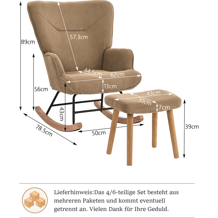 GOEURVANT 5006 Schaukelstuhl mit Hocker (Relaxsessel, Ohrensessel), Feincord - Camel – Bild 6