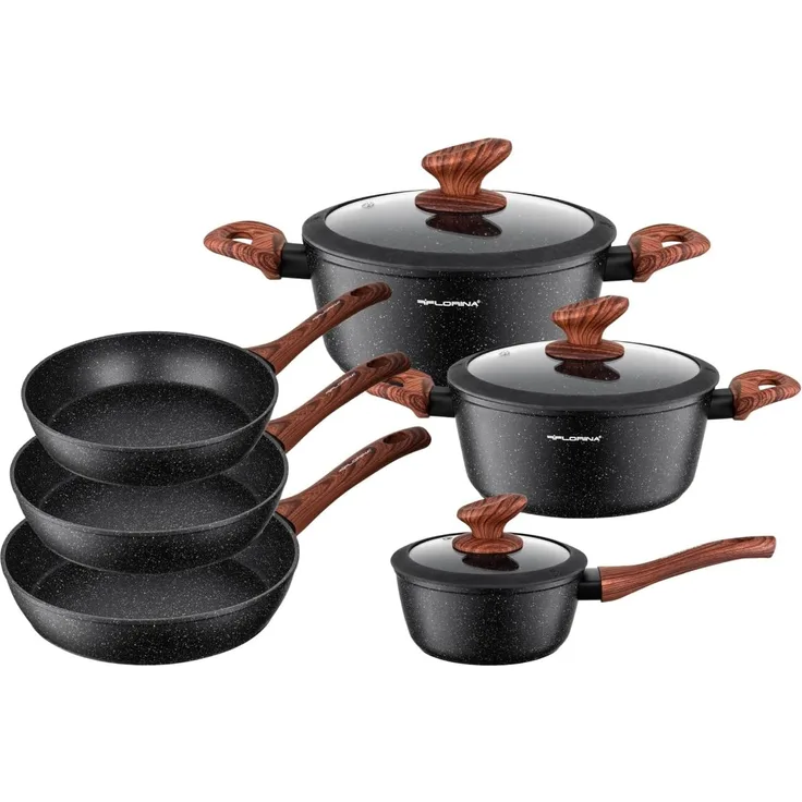FLORINA MASTER BLACK Topf- & Pfannenset | 6-teiliges Set | Aluminium hochwertig | Glasdeckel mit Dampfauslass | Für Induktion, Gas, Elektro, Keramik | Spülmaschinengeeignet | Großes Set