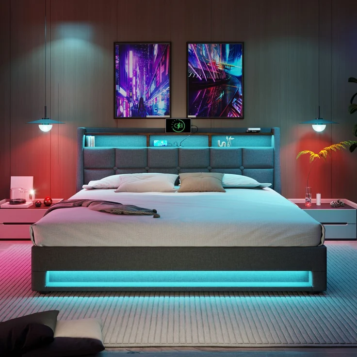 Polsterbett 140x200 cm aus Leinen mit LED-Beleuchtung und Bettkasten – Vintage-Look – Bild 7