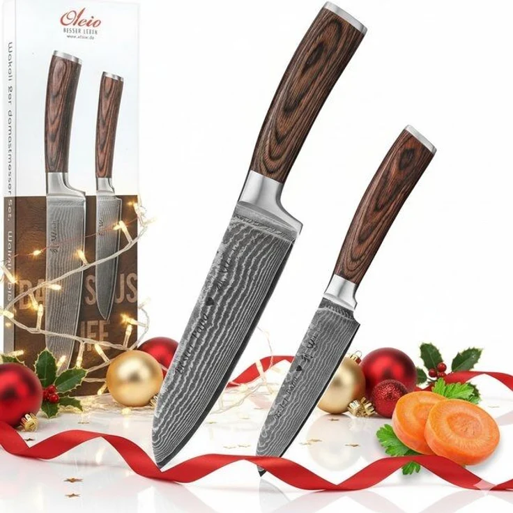 Wakoli Messer-Set EDIB Santoku Set I Kochmesser Küchenmesser-Set I 12 und 17cm Klingen (Damastmesser mit Geschenkbox, 2-tlg, 2er Damastmesser-Set), 67 Lagen Damaststahl, VG-10 Stahlkern – Bild 4