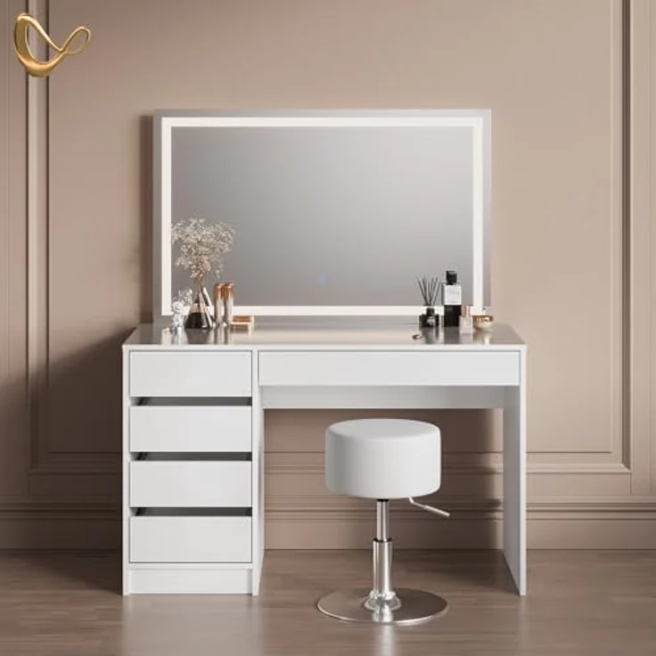 Livinity® Schminktisch Imola, Weiß, mit LED-Spiegel und Hocker (3-St) – Bild 3