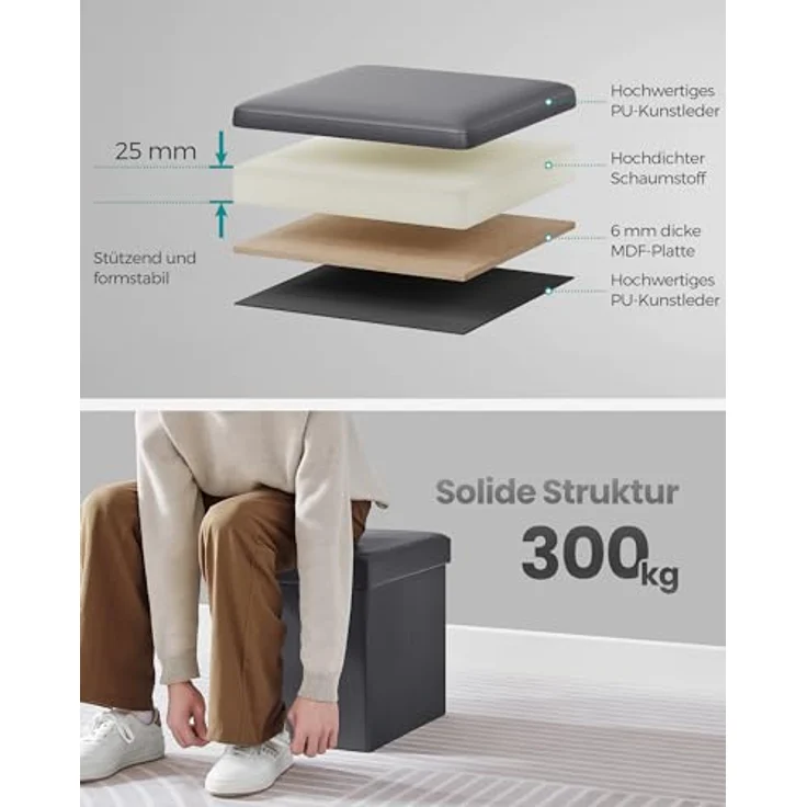 SONGMICS Sitzhocker 38 cm, Aufbewahrungsbox faltbar, Fußhocker mit Deckel, aus Kunstleder, bis 300 kg belastbar, für Eingang, Wohnzimmer, Schlafzimmer, schiefergrau LSF010G01 – Bild 6