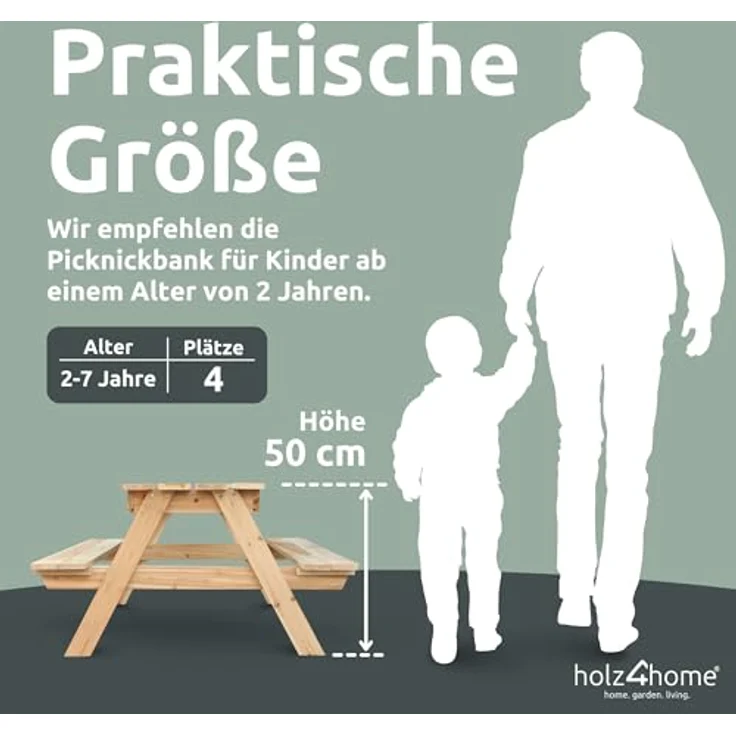 holz4home Outdoor Picknickbank Kinder, massive Kiefernholz-Bank für mehrere Personen, wetterfest und langlebig – Bild 2