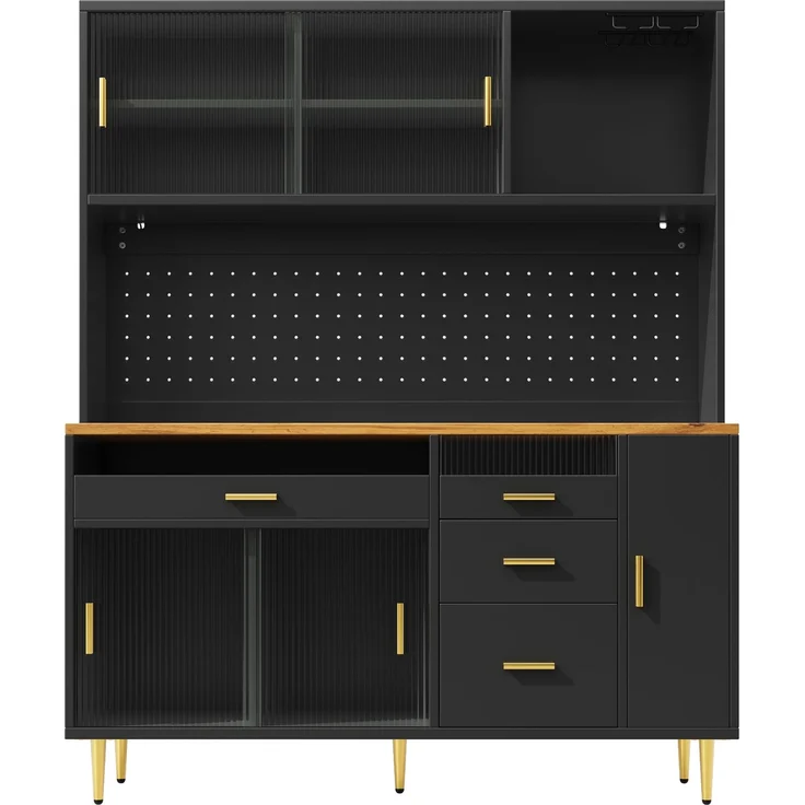 Merax 171cm Hochschränke fürs Wohnzimmer, Küchenschrank, Esszimmerschrank, Schränke mit LED-Beleuchtung, Hoher Schrank mit Lochwandregalen, schwarz – Bild 8