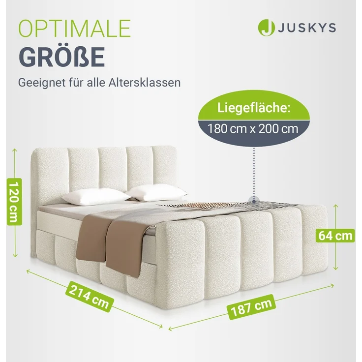 Juskys Boxspringbett Manitoba - Bouclé-Stoff, Gepolstertes Kopfteil mit Steppung & Stabile Konstruktion, Topper inklusive - Creme – Bild 7