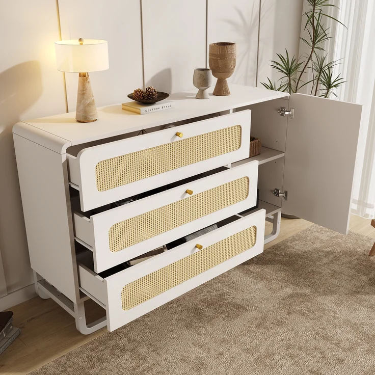 Sideboard Landhausstil mit Rattan & höhenverstellbaren Böden, 120x40x85 cm, Weiß – Bild 4