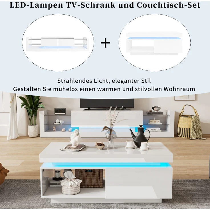 DESVIAE TV-Schrank-Set mit Couchtisch, LED-Beleuchtung, Spanplatte, Weiß, 181x38x38 cm und 100x40,3x50 cm – Bild 4