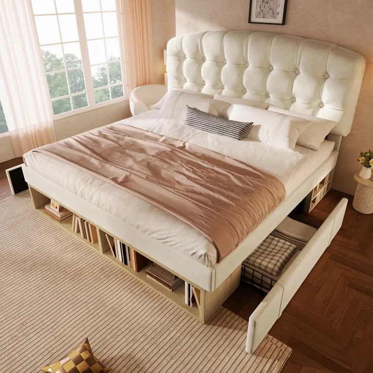 Merax Doppelbett 140x190 cm, Polsterbett mit Lattenrost, Bettgestell mit gebogenem höhenverstellbarem Kopfteil, Bett mit Schubladen und Stauraum, Samt, Beige