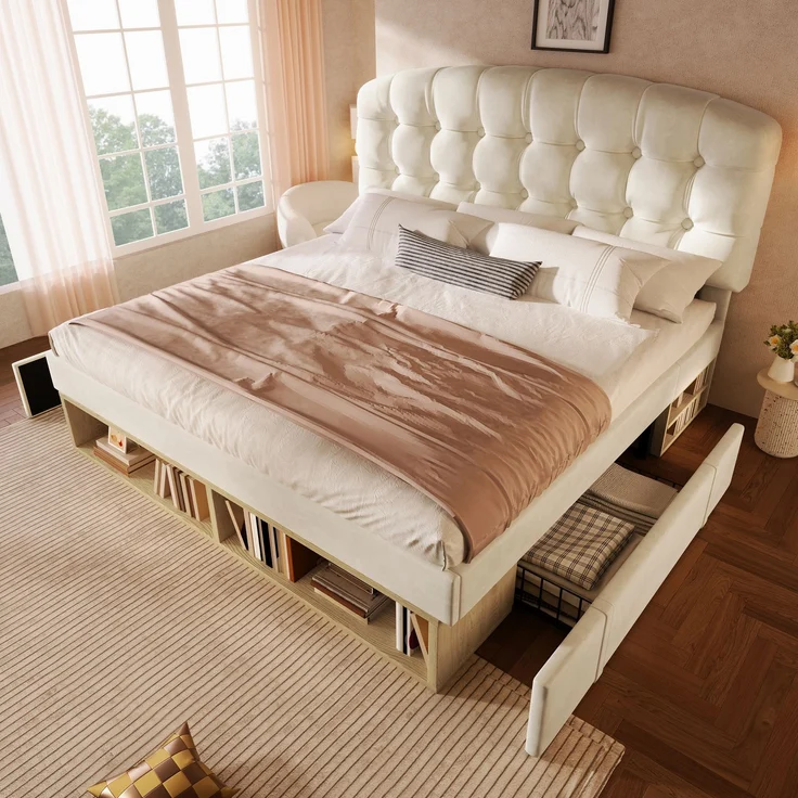 Merax Doppelbett 140x190 cm, Polsterbett mit Lattenrost, Bettgestell mit gebogenem höhenverstellbarem Kopfteil, Bett mit Schubladen und Stauraum, Samt, Beige – Bild 1