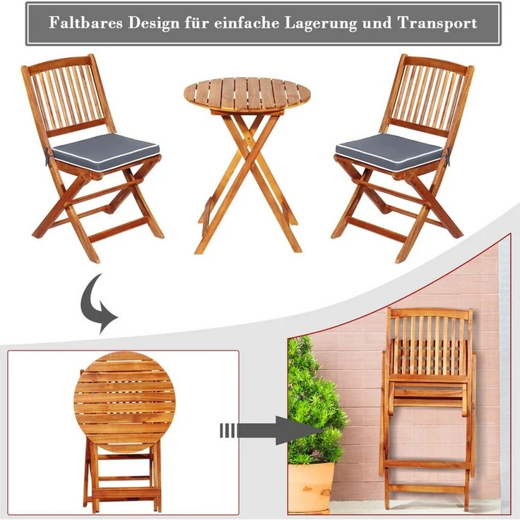 COSTWAY Balkonset, (3-tlg), klappbar, mit Sitzkissen, Akazienholz 2 Personen – Bild 2