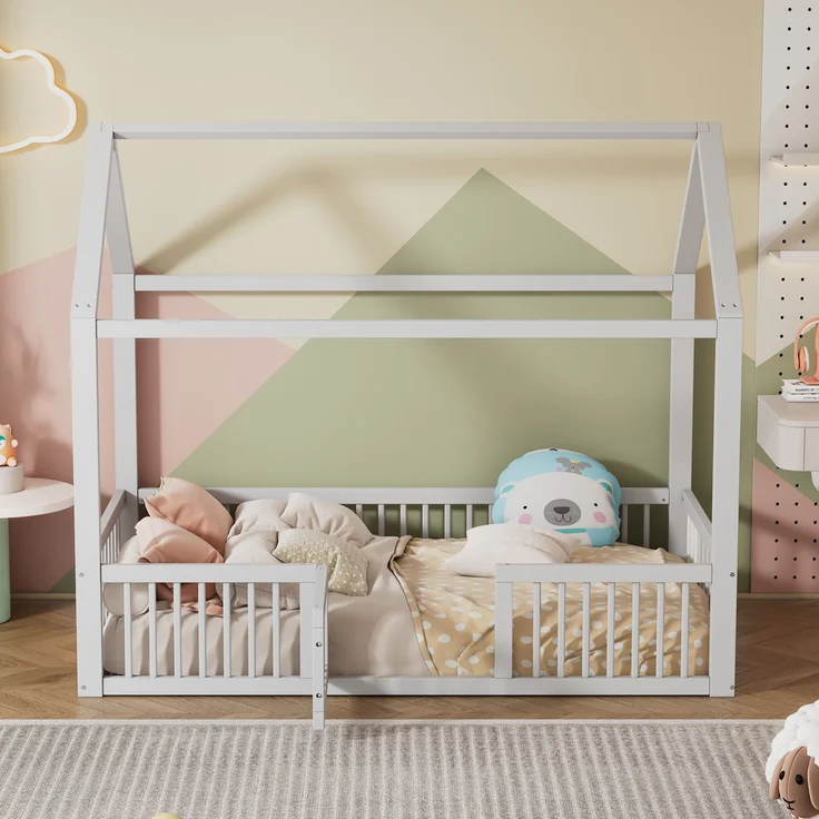Bett 90x200 cm Hausbett aus Kiefernholz mit Türchen und Rundum-Sicherheitsgitter, ohne Matratze, Weiß – Bild 3