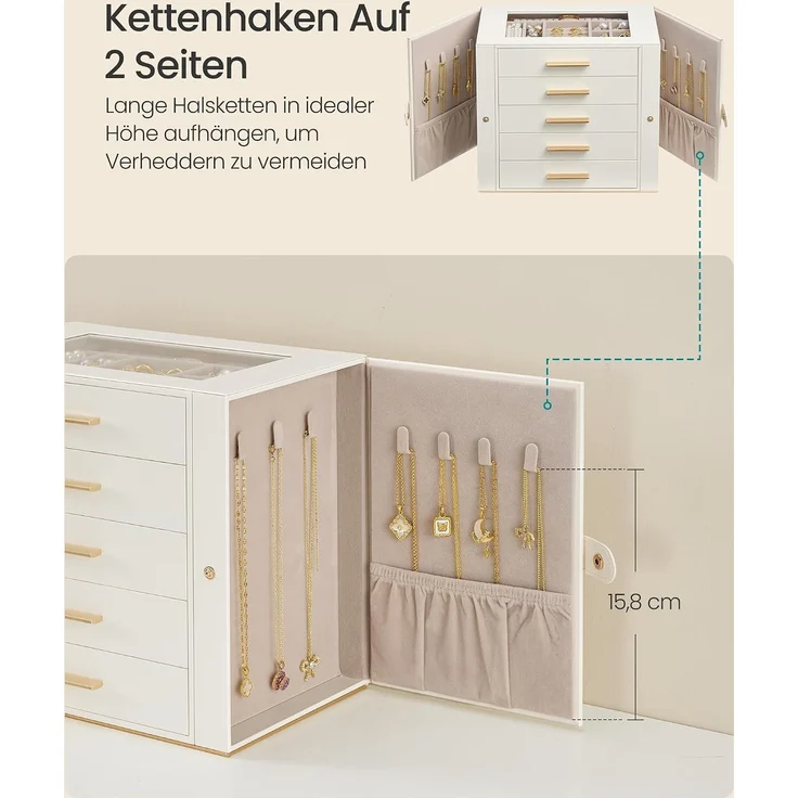 SONGMICS Großer Schmuckkasten mit 5 Ebenen und Glasdeckel für Ketten 26,1 x 15,6 x 22,2 cm Weiß und Beige – Bild 4