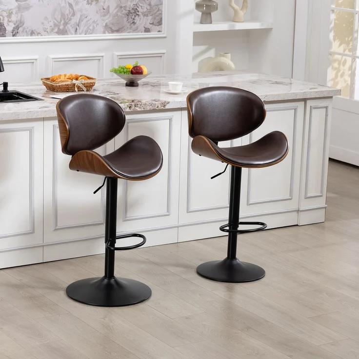 Drehbare Barhocker, 2er-Set, höhenverstellbare Barhocker aus gebogenem Holz, Barstuhl mit PU-Lederbezug, ergonomischer Rückenlehne und Fußstütze, für Bar, Kücheninsel zu Hause(Brown PU Leather)--Braun--51x50x93cm--YOUDENOVA – Bild 9