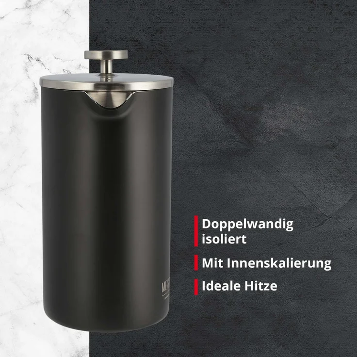 Meisterkoch French Press Kaffeepresse Thermo-Kaffeebereiter aus Edelstahl in schwarz, 1 Liter, 5-7 Tassen, doppelwandig isoliert, rostfrei, nachhaltig, für Camping, Reisen und Zuhause – Bild 1