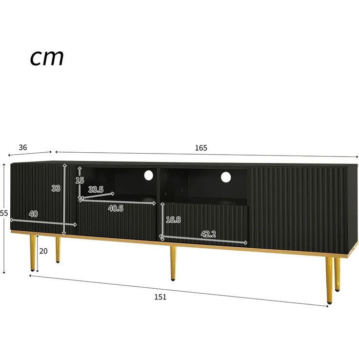 TV-Schrank 165 cm Schwarz mit Gold, Lowboard Sideboard Wohnzimmerschrank, 2 Schubladen, 2 offene Fächer – Bild 9