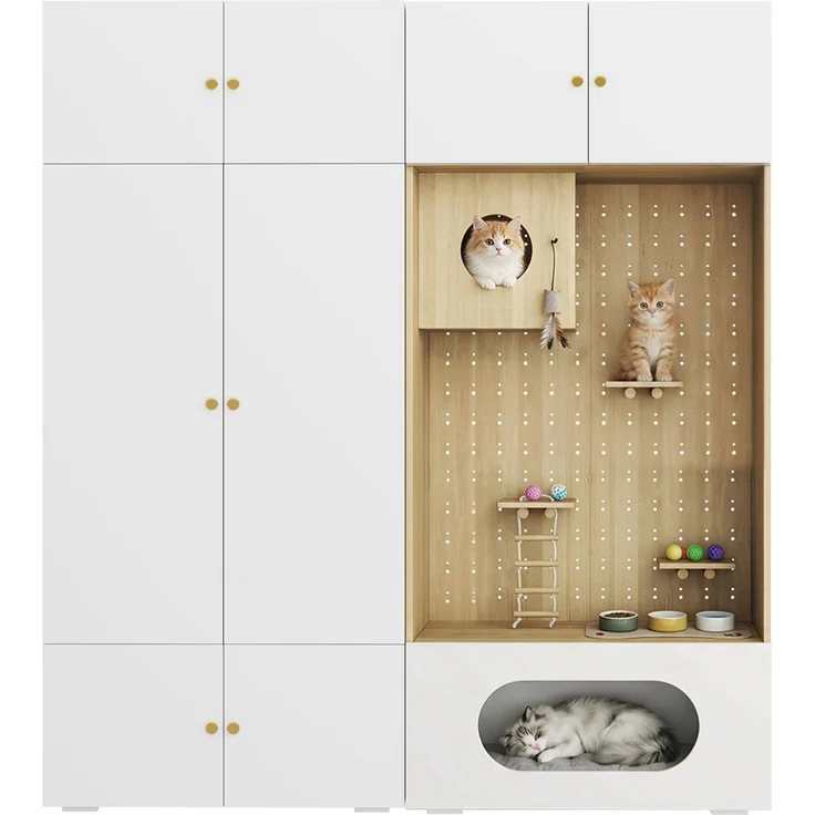 CHICFURN Kleiderschrank 180x200x50 cm mit Kleiderstange und Katzenkletterwand – Weiß/Holzoptik – Bild 7