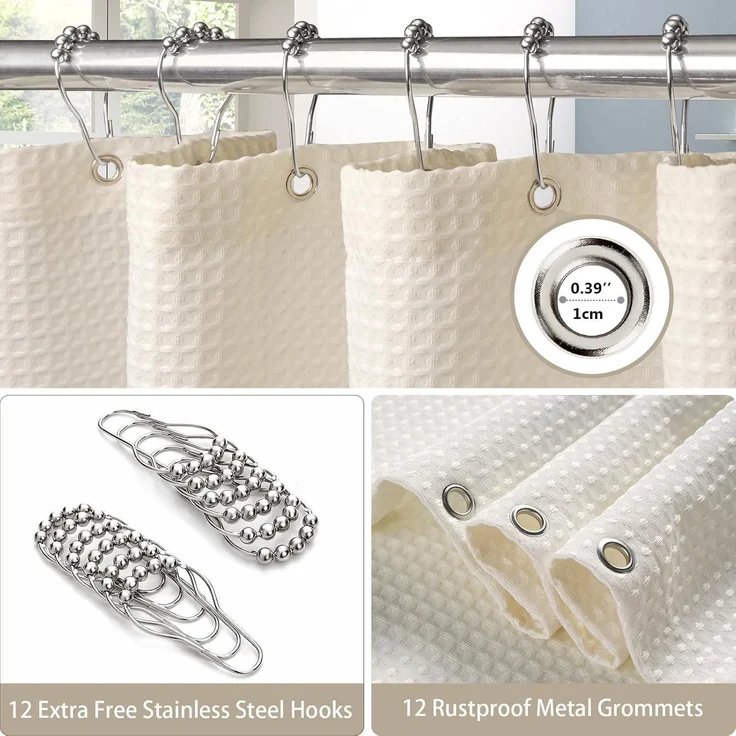Waffel Duschvorhang Metallringe Wasserdicht Anti Schimmel 182x214cm Creme – Bild 4