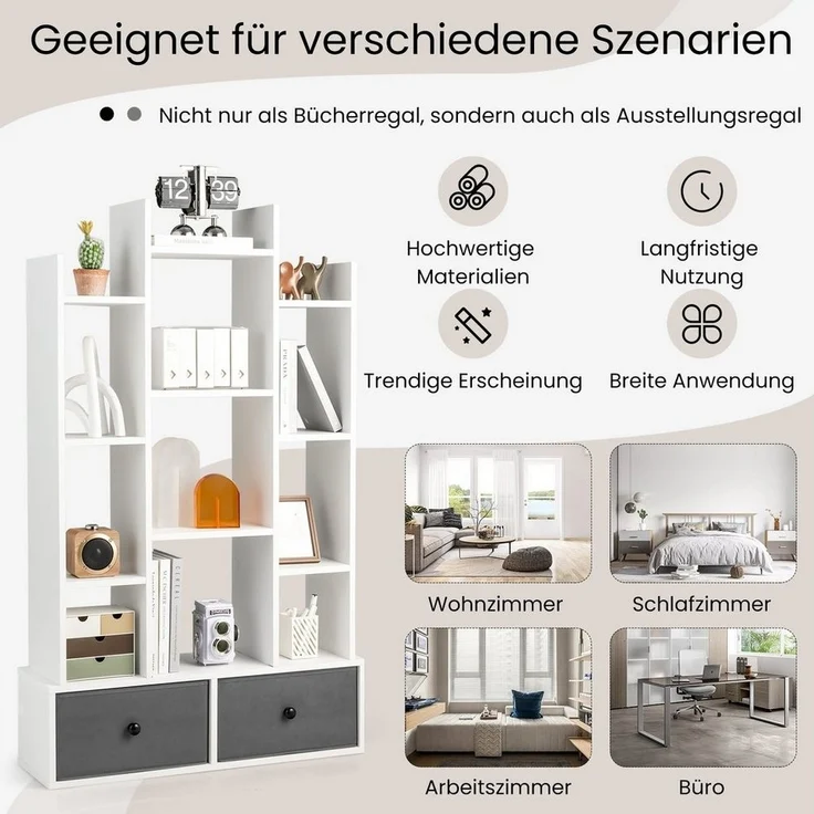 COSTWAY Bücherregal, Standregal mit 12 Fächern und 2 Schublade, 53x24x118cm – Bild 2