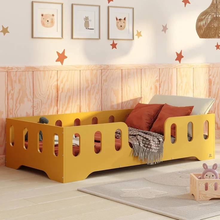 smartwood Kinderbett Bodenbett 70x160 mit Rausfallschutz & Lattenrost - Senfgelb - Kinder Montessori Bett TILA 2 mit glatten Kanten - Betten für schnelle Montage - Bis 230 kg belastbar – Bild 1