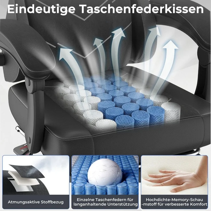 HOMALL Gaming-Stuhl mit Federkern,Atmungsaktiver Stoff, Komfort für Büro & Gaming, gaming stuhl mit Fußstütze,breites & dickes Sitzpolster – Bild 2