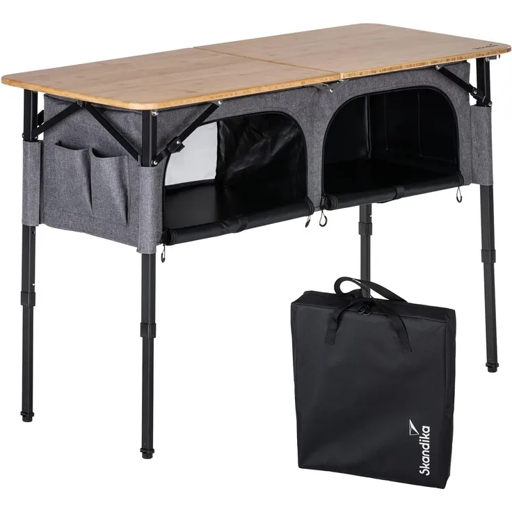 Skandika Campingtisch mit Schrank Tolja | Outdoor Bambus Klapptisch mit Stauraum, höhenverstellbar, klappbar, Campingschrank mit Einlegeböden, Tragetasche | Campingmöbel, Garten, Balkon
