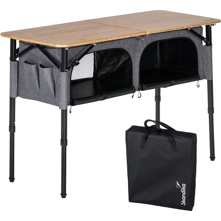 Skandika Campingtisch mit Schrank Tolja | Outdoor Bambus Klapptisch mit Stauraum, höhenverstellbar, klappbar, Campingschrank mit Einlegeböden, Tragetasche | Campingmöbel, Garten, Balkon – Bild 1