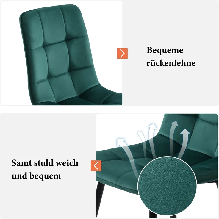 4-teiliges Grün Esszimmerstuhl-Set Samt mit Metallgestell, Küchenstuhl, Loungesessel, komfortabel, robust, elegant, vielseitig – Bild 5