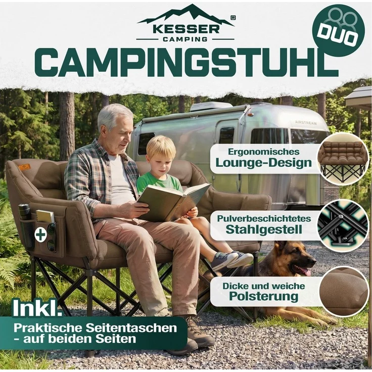 KESSER® Campingsofa faltbar 2 Personen - 300 kg, Campingcouch breit, gepolstert mit Seitentaschen & Tasche, Faltsofa Duo, Campingstuhl Indoor & Outdoor, Camping, Festival, Angeln & Garten – Braun – Bild 2