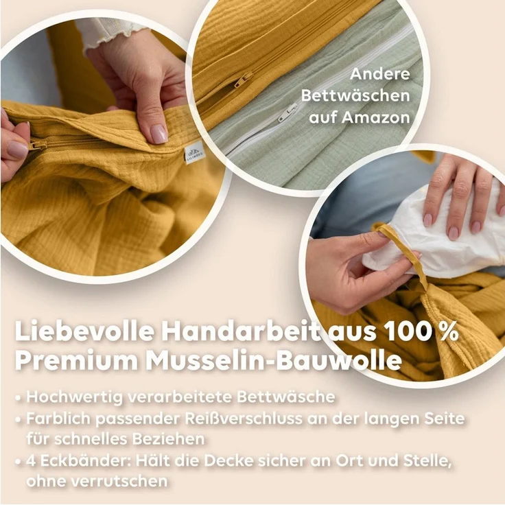 lilimaus Bettwäsche Musselin Bettbezug-Set 135x200 155x220 200x200 - Baumwolle, 3 teilig, Set mit seitlichem Reißverschluss - kühl im Sommer, warm im Winter – Bild 4