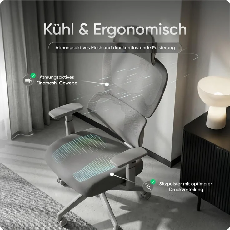 DESKSPACE Move - Premium Ergonomischer Bürostuhl - Höhenverstellbare Rückenlehne - Grau – Bild 5