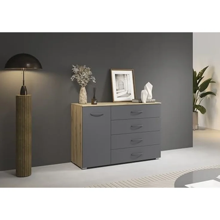 rauch Aditio Box, Kommode, 1-türig, 4 Schubladen, mit Softclose-Funktion, Farbe Grau metallic/Eiche Artisan, BxHxT 120x81x42cm – Bild 2